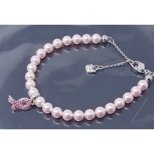 Vintage Swarovski Pink Pearl Rhinestone Breast Cancer Charm Bracelet Adjustable